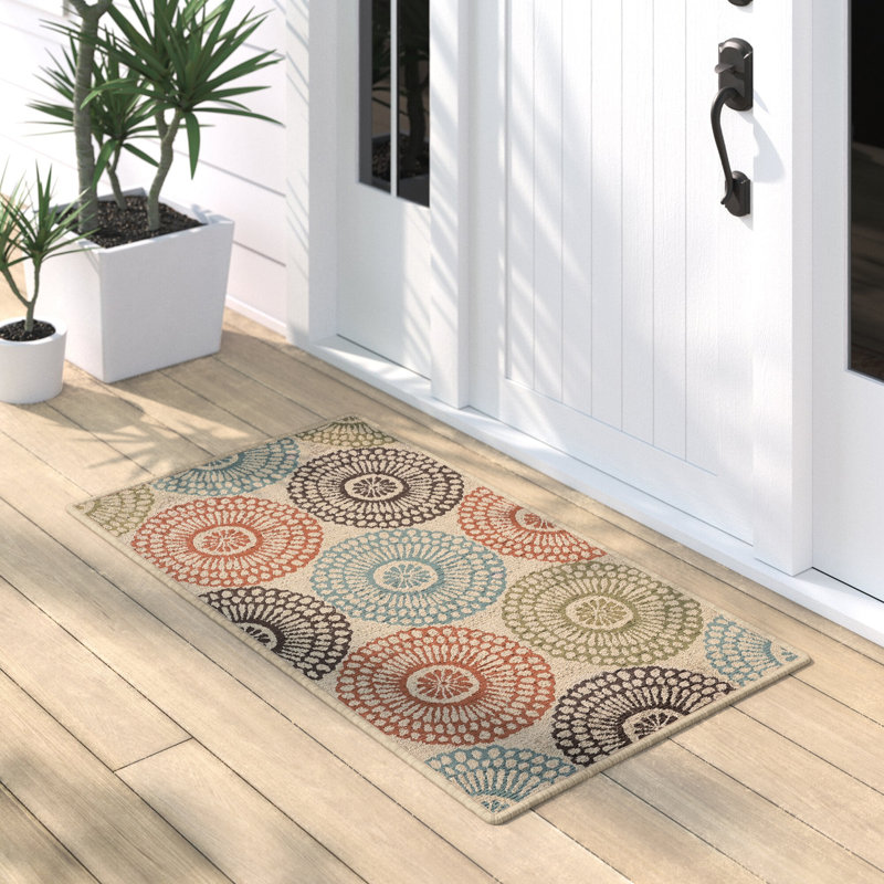 Baringer Beige/ Teal/ Orange Indoor/Outdoor Rug, Rectangle 1'9" x 3'9"