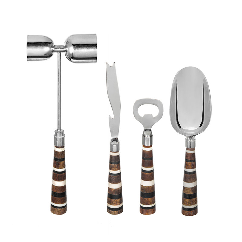 Ensemble d'outils de barware 4 pièces dans une boîte ouverte, outils de bar en acier multicolores avec poignée en bois pour bar à domicile