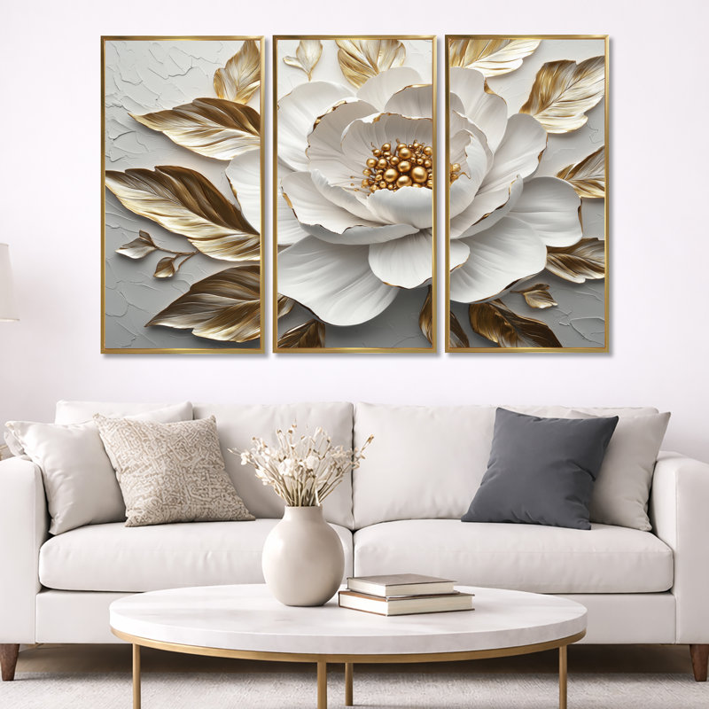 Ensemble de salon art mural pivoines blanches et dorées Bloom III, Toile avec cadre flottant or, H 40 po x l 60 po x P 1 po