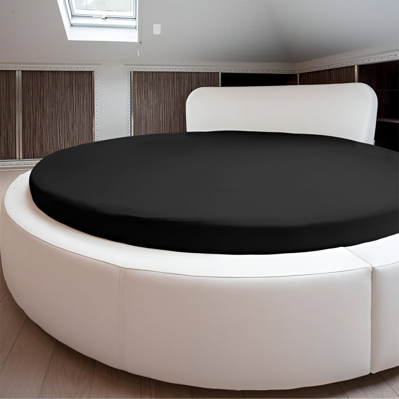 400TC Sateen Solid Cotton Round 4 Piece Sheet Set Fitted Sheet Fits Upto 16" Deep Pocket, Black Solid