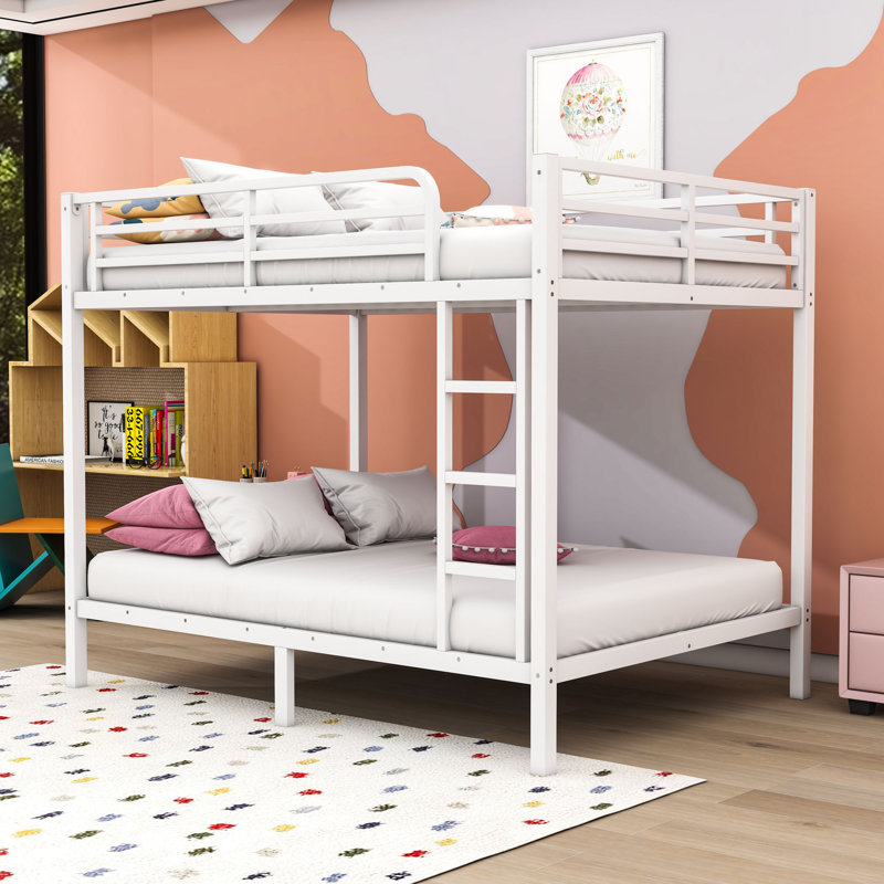 Metal Bunk Bed With Guardrails And Ladder, Full Over Full, White