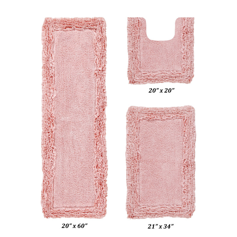 Ensemble de tapis pour salle de bain 100% coton 1775 g / m² 3 pièces Courson, certifié OEKO-TEX®, envers en latex antidérapant, motif de volants touffetés moelleux, super absorbant, tapis de salle de bain lavables à la machine, rose