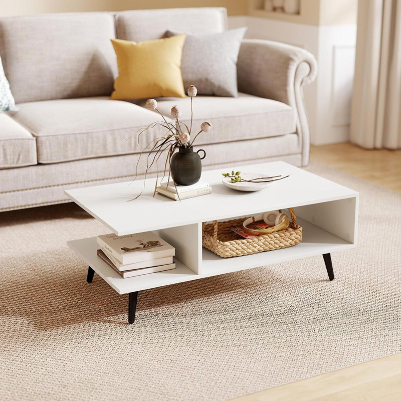 Table basse, table de bout Mid-Century moderne à 2 niveaux avec 2 compartiments de rangement ouverts et pieds en métal, table d'appoint rectangulaire pour le salon ou le bureau personnel