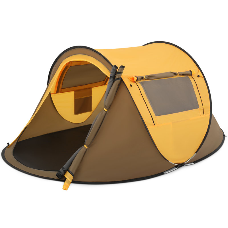 3 Person Outdoor Pop Up Camping Tent, Waterproof Portable Hiking Instant Cabin Family Tent with Carry Bag, Yellow/Brown