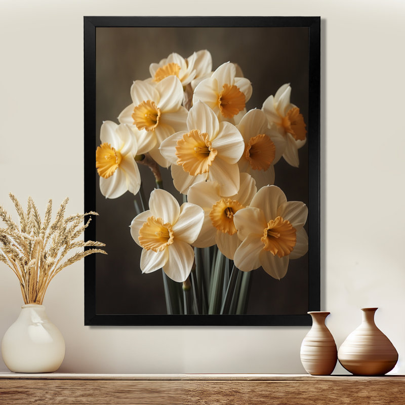 Blanc, jaune, soleil, éclaboussures, jonquilles, jonquilles, art mural, salon, H 24 po x l 32 po, Cadre simple noir