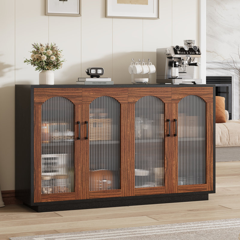 Buffet 55,1 "avec rangement, armoire de cuisine moderne avec 4 portes en verre cannelé, table basse en bois, Brun