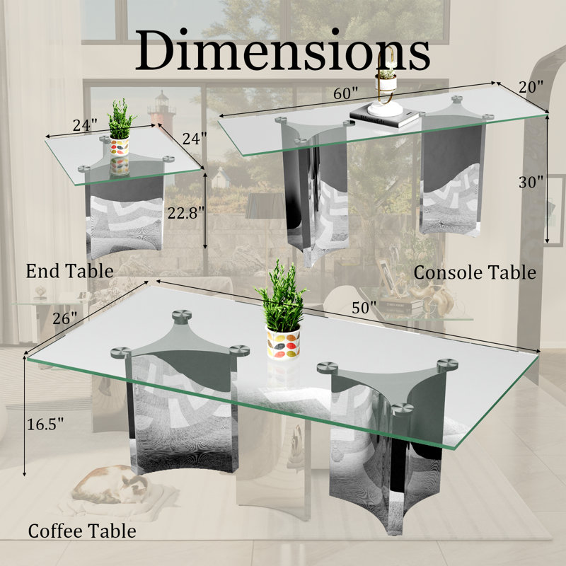Ensemble de table de salon 4 pièces en verre et argent