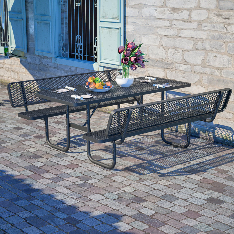 Table de salle à manger en métal avec trou pour parasol, Noir