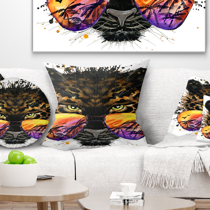 Jaguar amusant avec lunettes de soleil - coussin imprimé animal, 16 po x 1 po, Coussin décoratif
