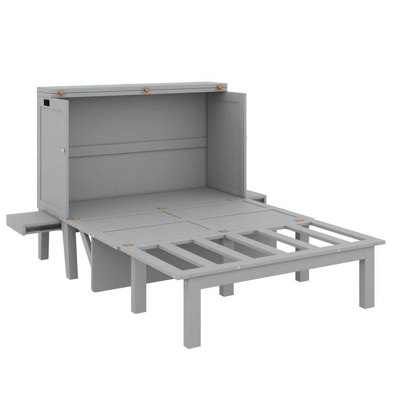 Lit escamotable double spacieux avec port USB et tablettes latérales amovibles, Gris, Lit double