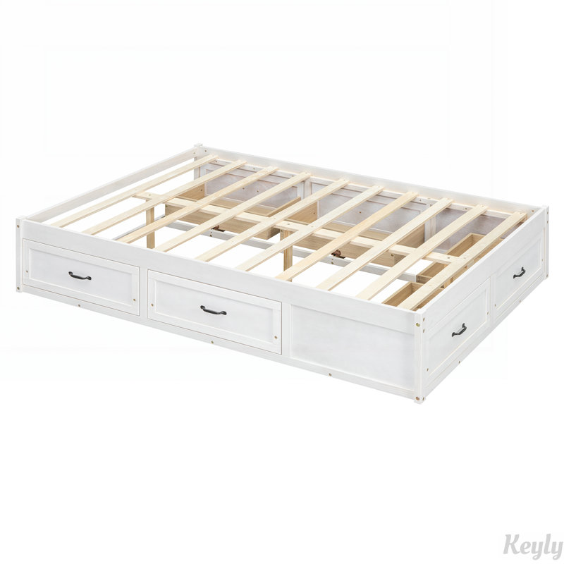Lit plateforme avec 6 tiroirs de rangement, Blanc antique, Double