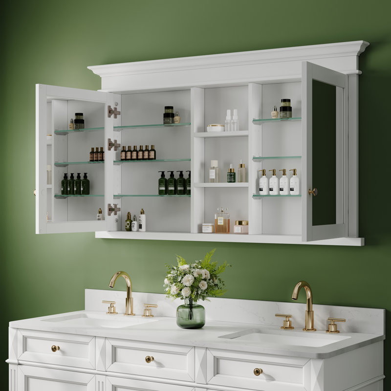 Armoire à pharmacie encastrée en bois massif avec miroir et tablettes réglables en verre l 55 po x 32 po