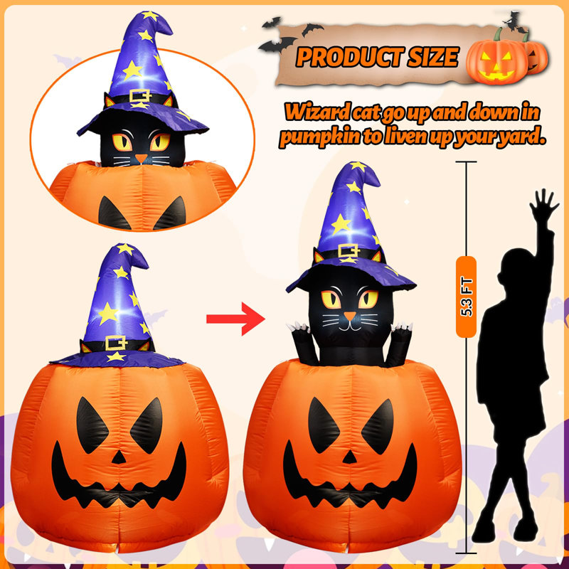 Chat de sorcière gonflable d'Halloween 5,3 pi en citrouille