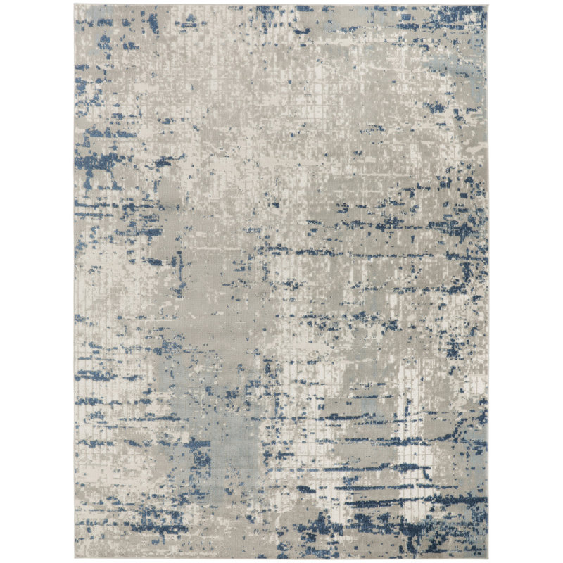 Tapis bleu et gris à tissage mécanique abstrait 7 pi x 10 pi