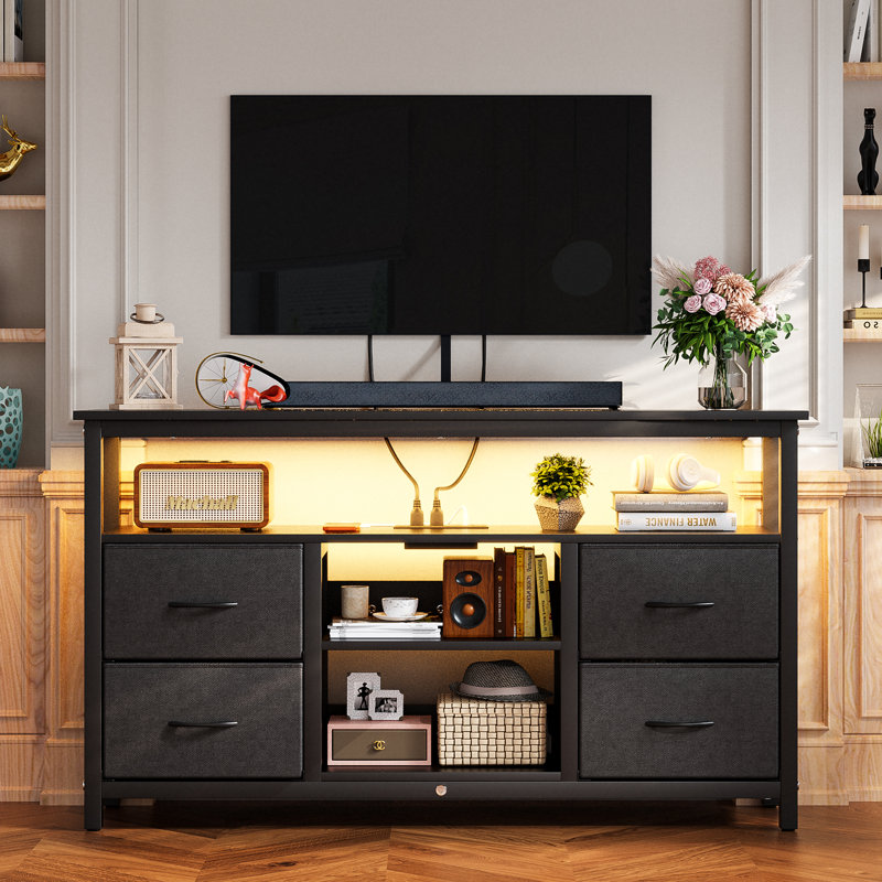 47"W Drawer Dresser, Tv Stand For 55" Tvs with RGB LED Lights & Charging Station - 4 Fabric Storage Drawers