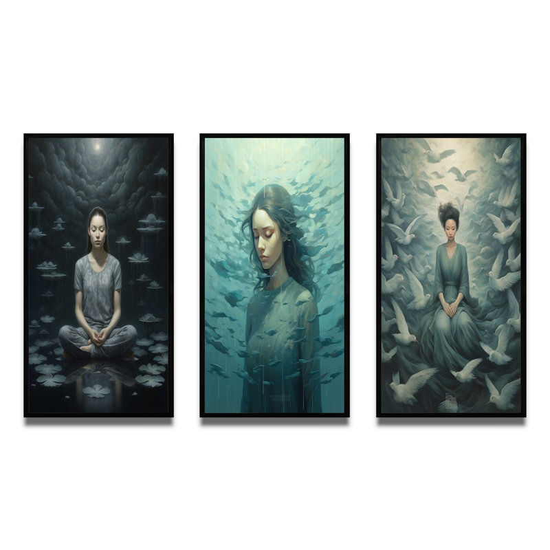 «Mindfulness Grace Woman Meditation», 3 pièces sur toile, Cadre noir, H 36 po x l 20 po