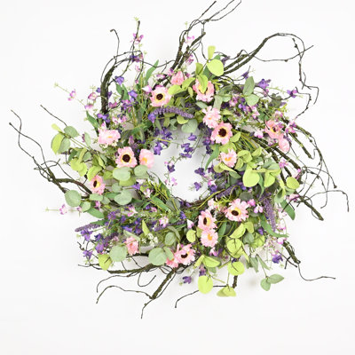 24" Artificial Farmhouse Twig Blossoms Cluster Greenery Eucalyptus Berry Daisy Spring Summer Wreath For Front Door