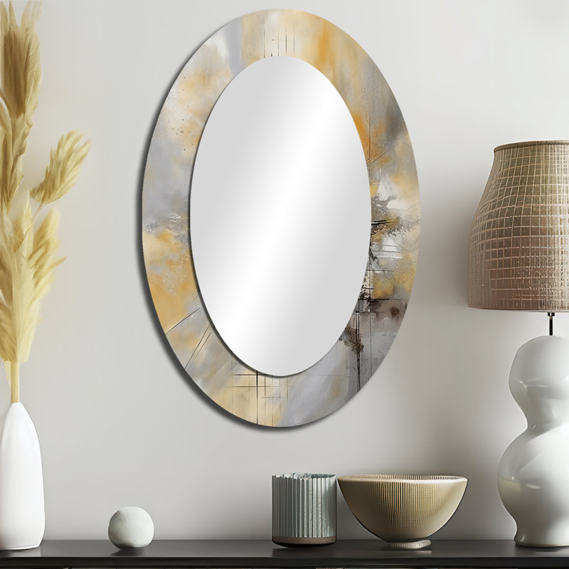 Jaune et gris au-delà de la toile I - Miroir mural moderne ovale, 36 po x 24 po
