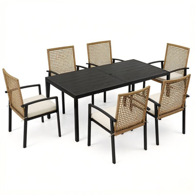 Ensemble repas d'extérieur pour 6 personnes avec table en aluminium et chaises en osier résistantes aux intempéries