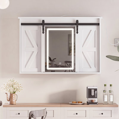 Rustic Bathroom Medicine Cabinet with LED lights & Sliding Barn Door, Wall-Mounted Storage