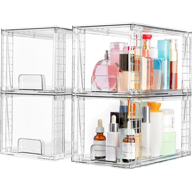 4-Pack Stackable Acrylic Storage Drawers – Clear Plastic Organizer Set, Multi-Purpose Bathroom, Closet, Kitchen & Office Storage