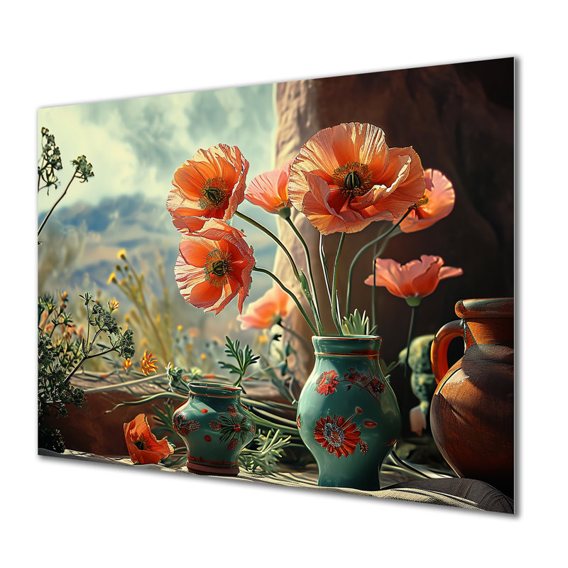 Coquelicots rouges dans un vase turquoise mexicain - Bouquets assortis, Métal métal, H 30 po x l 40 po x P 1,5 po