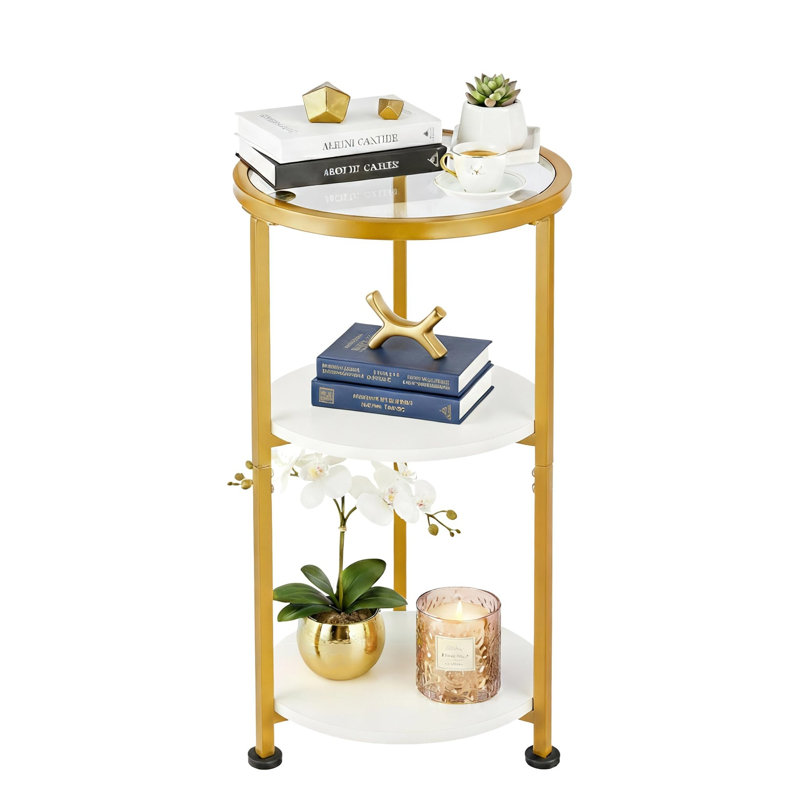 Table d'appoint ronde à 3 niveaux avec plateau en verre trempé, Doré