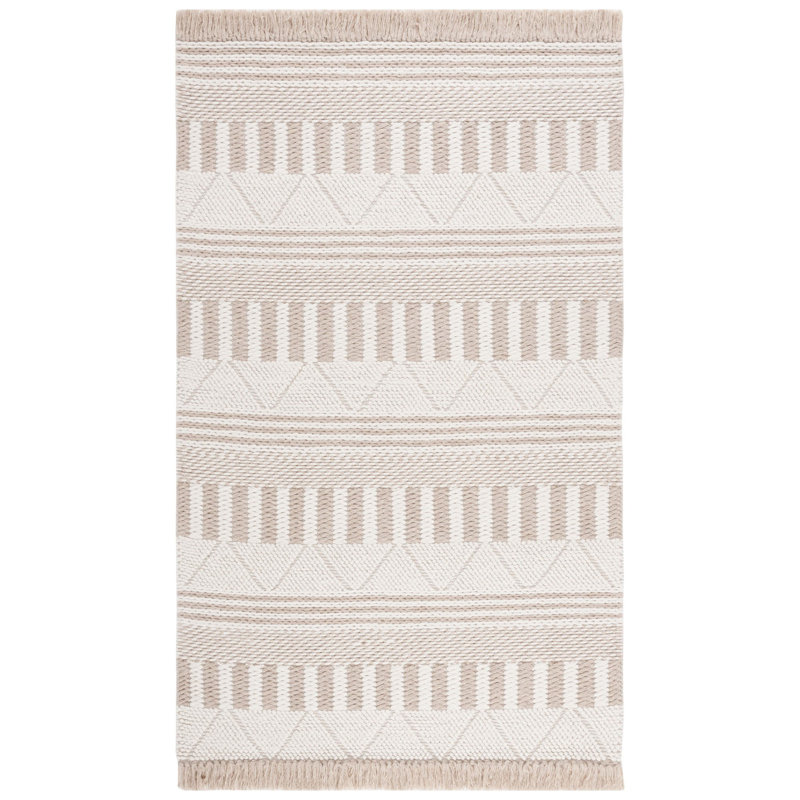 Tapis géométrique en laine fait à la main de couleur ivoire / taupe Jdyn, Rectangle 8 pi x 10 pi
