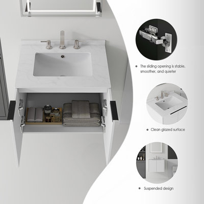 Meuble-lavabo flottant avec comptoir en marbre de culture et portes à fermeture en douceur