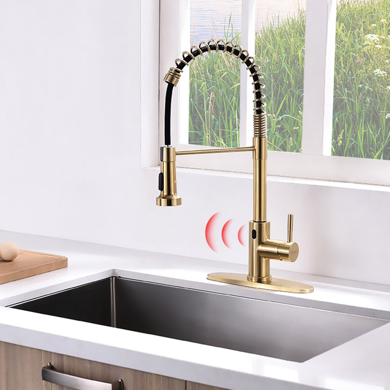Robinet de cuisine automatique à mains intelligentes en or brossé, sans contact avec capteur de mouvement précis et escamotable pour une utilisation pratique