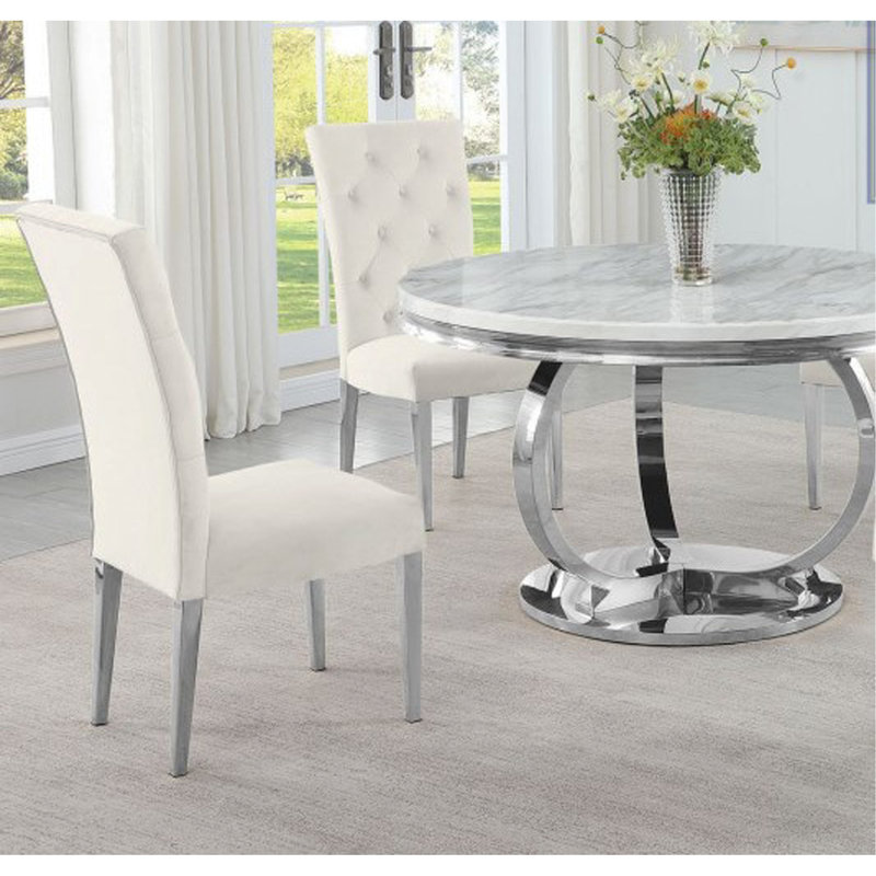 Ensemble de 2 chaises de salle à manger rembourrées Modern Velvet, Crème, Chrome chrome
