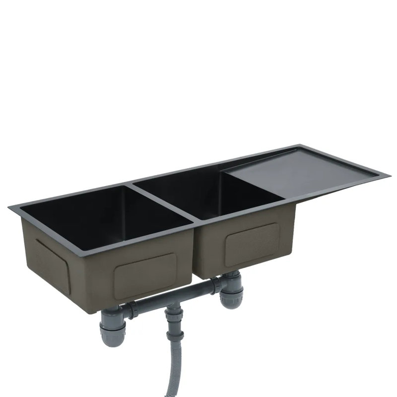 Belfry Kitchen Aislinn 440mm W Double Bowl Steel Kitchen Sink, Black
