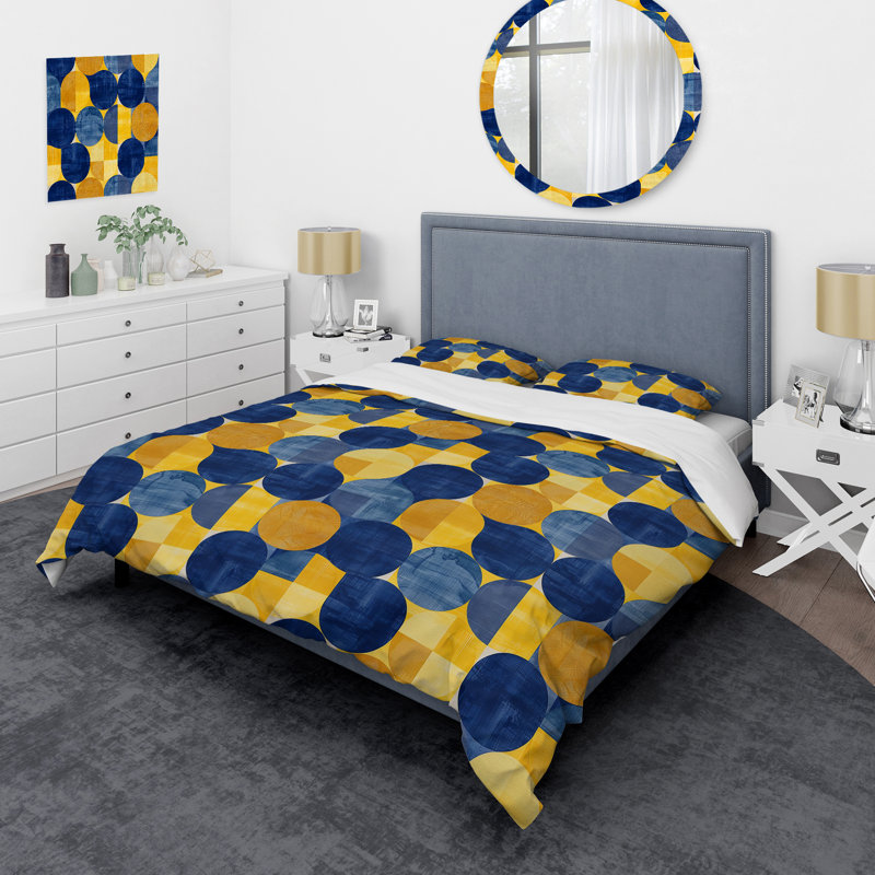 Ensemble de housse de couette moderne bleu et jaune Modern Circles II, Housse de couette très grand et 2 très grandes t