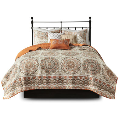 King/ King Quilt In Orange - Bold Floral With Medallions, 100% Microfiber, 2 Shams & Decorative Pillows Orange, Medallion Pattern, Embroidered Pillows, Brushed Reverse
