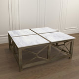 Karlotte Coffee Table, 40 Inch Square White Genuine Marble Top, Sandblasted Washed Ash Gray Mango Wood Geometric Frame