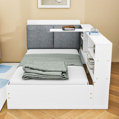 Lit plateforme simple en bois avec tête de lit et tablette rotative