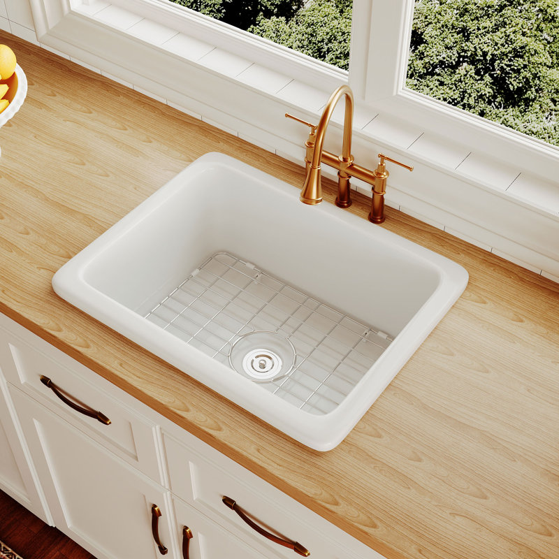 Rectangular Fireclay 24" L x 19" W Undermount Kitchen Sink with Basket Strainer and Sink Grid