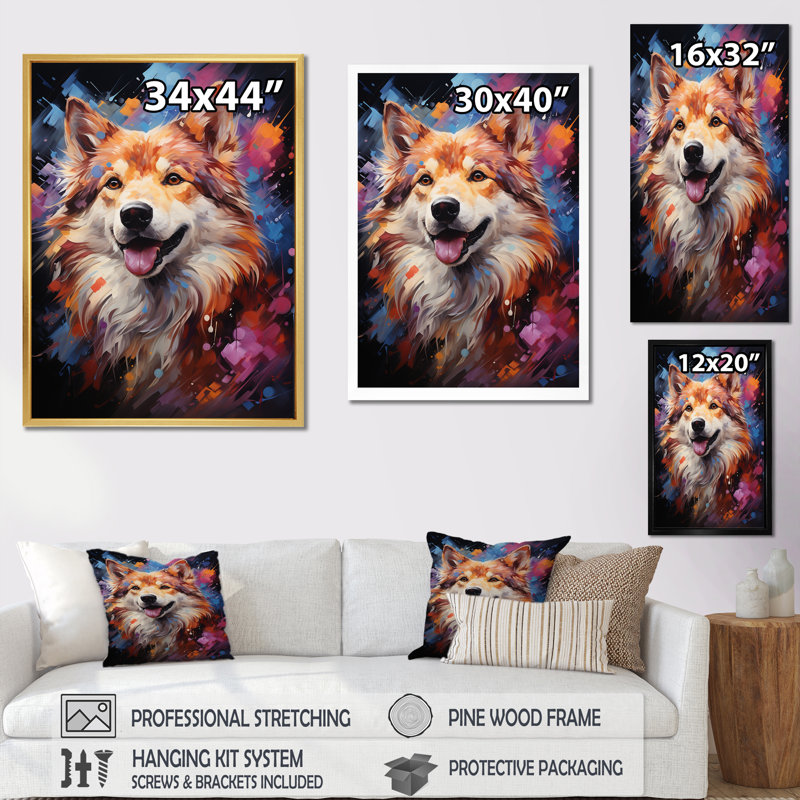 Chien Akita Aura II - impressions sur toile de chien, Cadre flottant doré, H 40 po x l 30 po