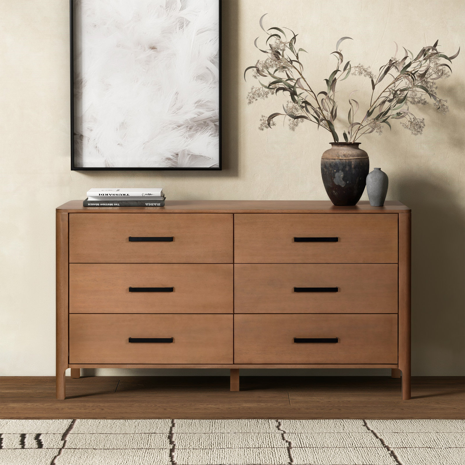 65" 6-Drawer Double Dresser, Natural/Black