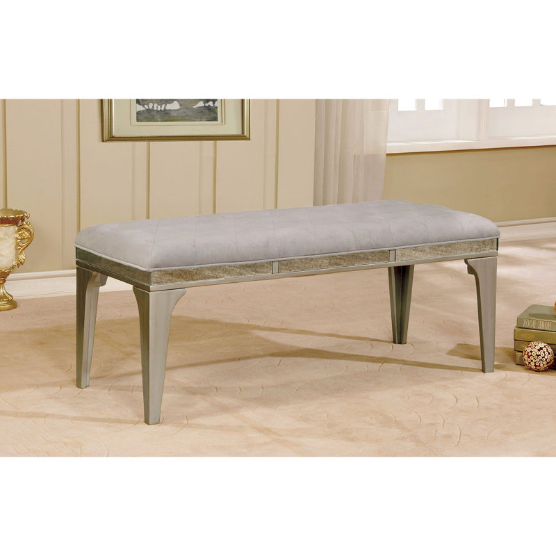 Banc transitionnel 1Pc avec coussin en flanelle et dossier de chaise à boutons, finition gris argenté, idéal pour la salle à manger, structure en bois massif, base de 20,49 po de hauteur, largeur de 20,51 po