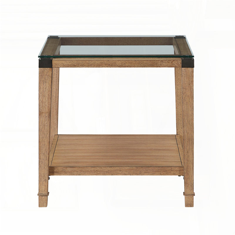 Table de bout moderne avec plateau en verre trempé transparent - finition brune et tablette ouverte