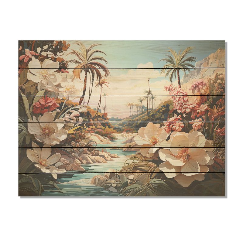 Palmiers, charme côtier I - fleurs, art mural sur bois de pin naturel, H 30 po x l 40 po