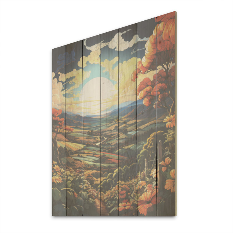 «Vineyard Kawaii Landscape - Vineyard», art mural sur bois de pin naturel, H 32 po x l 24 po