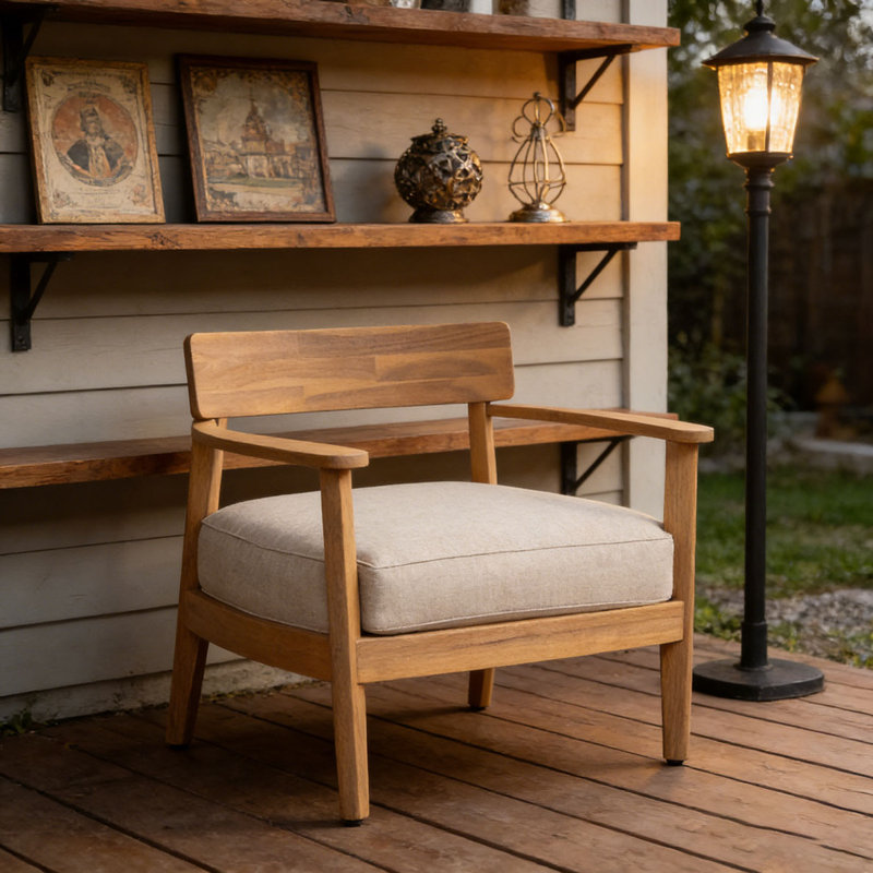 Wood Club Chair With Seat Cushion, Beige-1
