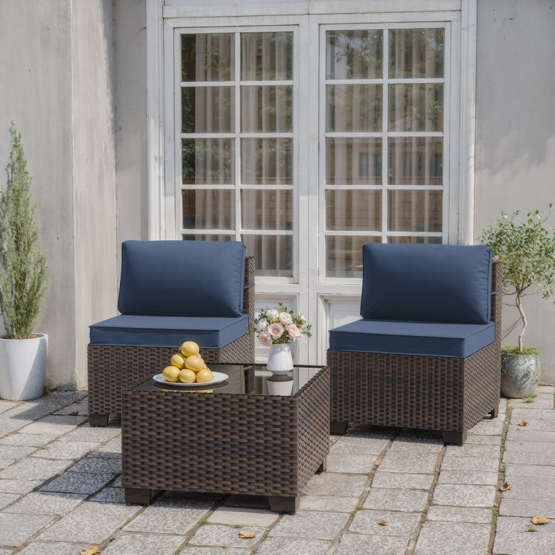 Kalinowski 3-Piece Outdoor Patio Furniture Set With Splash Proof Cushions Tempered Glass Coffee Table And Adjustable Feet Wicker Sofa With Seat Clips For Stability