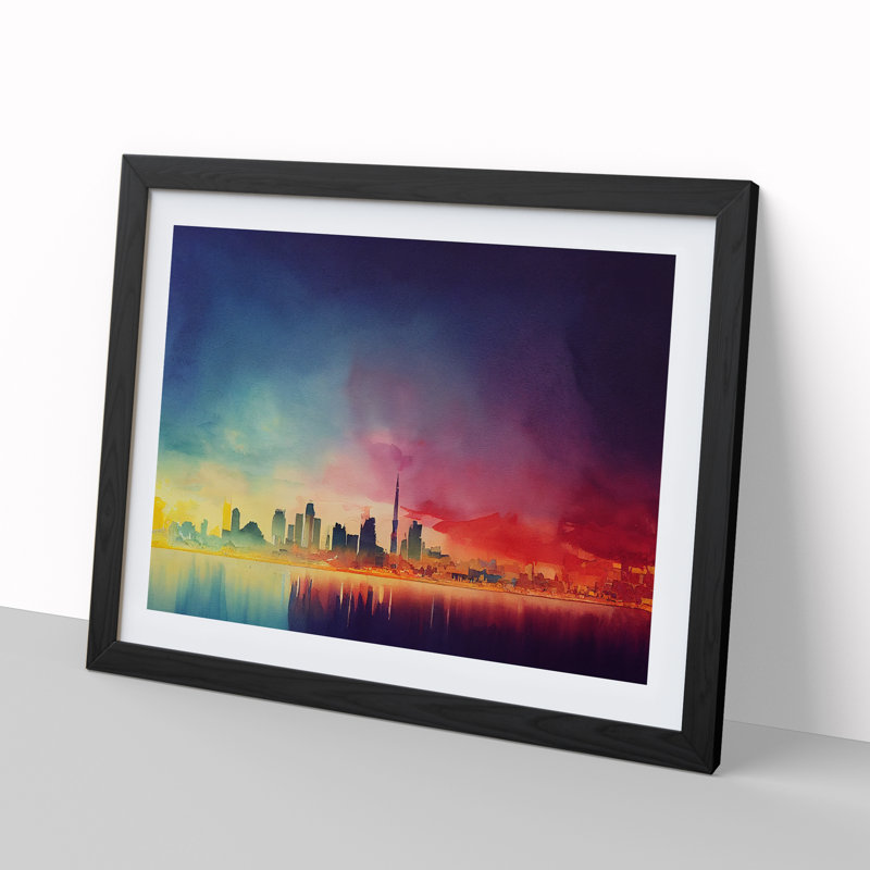 Skyline City Watercolour - Framed Print, 34cm H x 46cm W x 2cm D, Black Framed