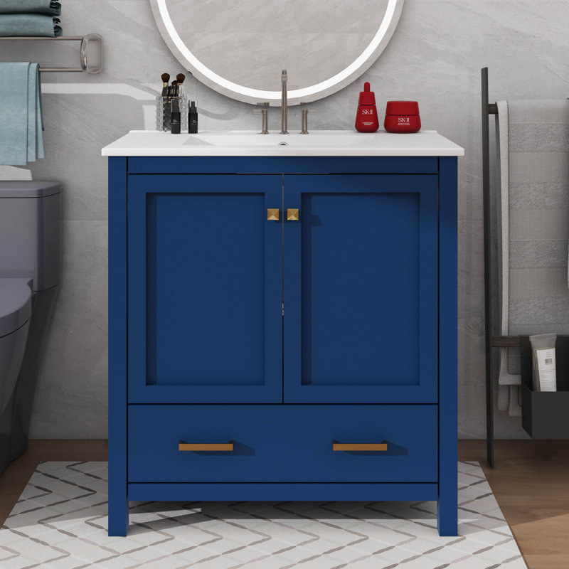 Ensemble de meuble-lavabo simple avec tiroir et tablette double, Bleu, Argent argent, 30"