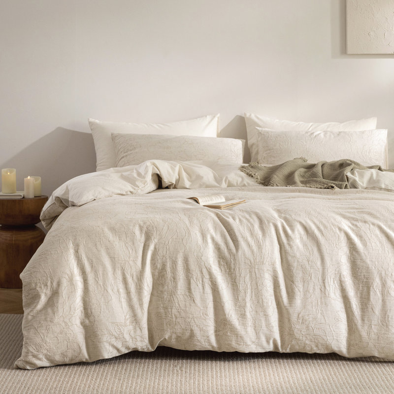 Ensemble de housse de couette en jacquard de coton et lin texturé, Queen Duvet Cover + 2 Twin Shams