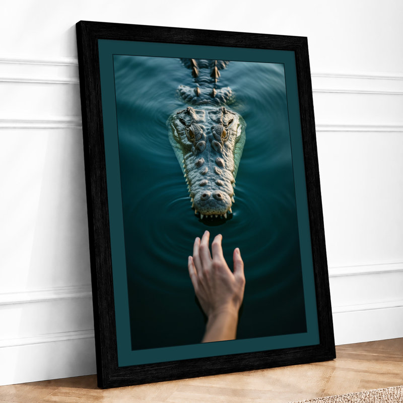 Hand and Crocodile Modern - Framed Print, Black, A4 - 29.7 x 21.0 cm