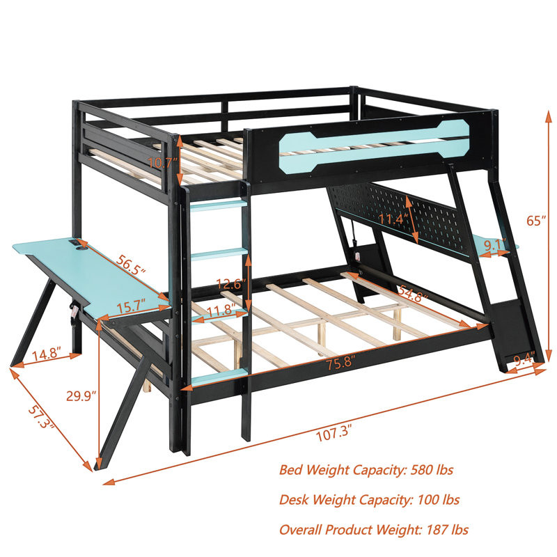 Kid's Bunk Bed, Dual Gaming Desks with USB Ports, Wood, Pegboard Organizer Panels, Modern, Teen Bedroom, Blue, Full